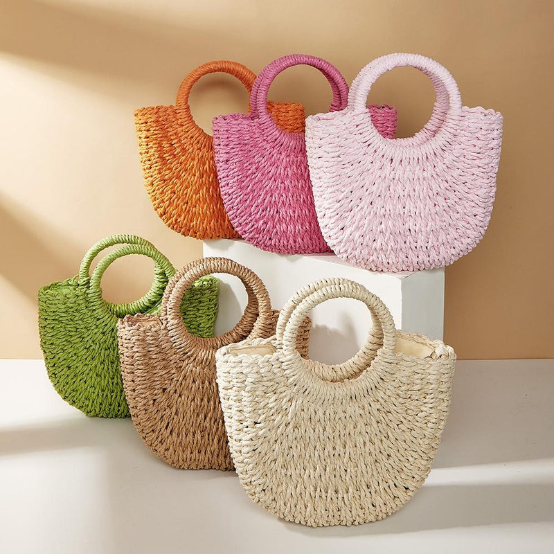 Beige Half Moon Straw Tote Woven Beach Bag - Green