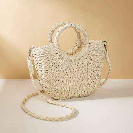 Beige Half Moon Straw Tote Woven Beach Bag - Green