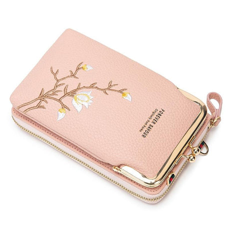 Black Embroidered Single Shoulder Phone Bag Wallet - Pink