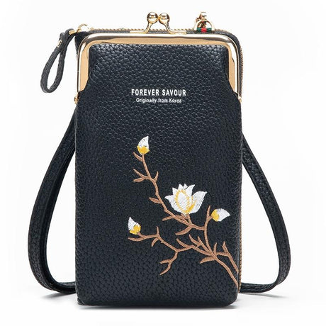 Black Embroidered Single Shoulder Phone Bag Wallet - Pink