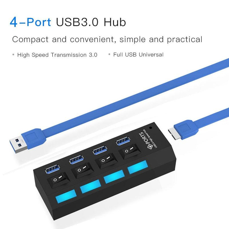 4-Port Usb 3.0 Hub 5Gbps Speed Plug & Play 1Tb Support - Black