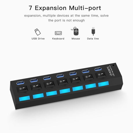 7-Port Usb 3.0 Hub 5Gbps Plug & Play 1Tb Support - Black