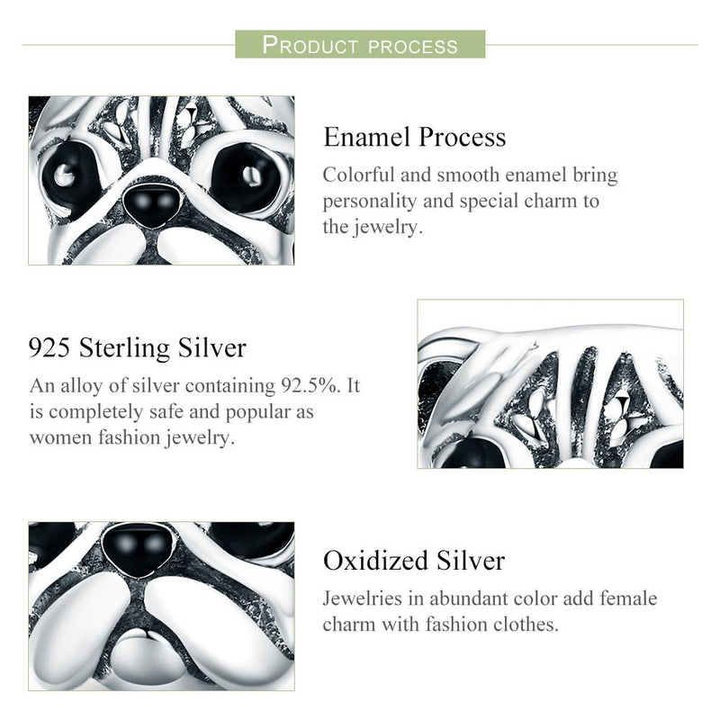925 Sterling Silver Pug Diamond Bead Bracelet Accessory