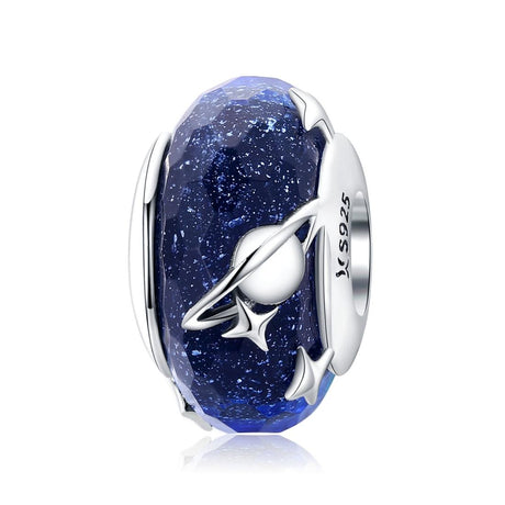 925 Sterling Silver Blue Glass Bead Pendant With Starry Sky Design