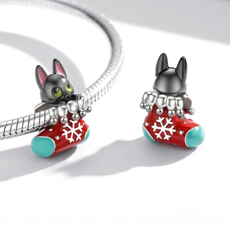 925 Sterling Silver Christmas Sock Cat Beads For Diy Bracelets & Necklaces
