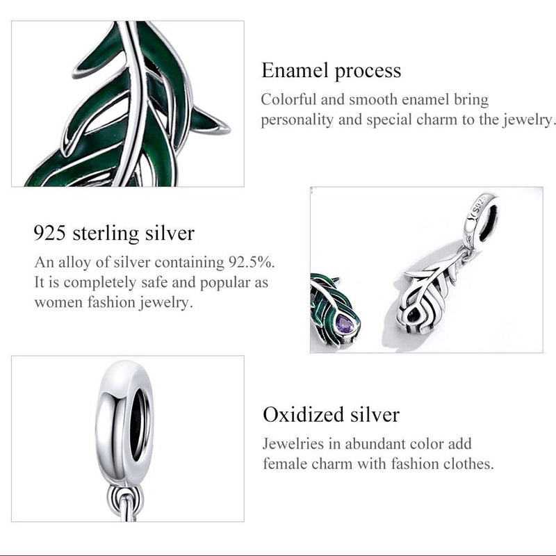 925 Sterling Silver Peacock Feather Pendant For Diy Bracelet Or Necklace