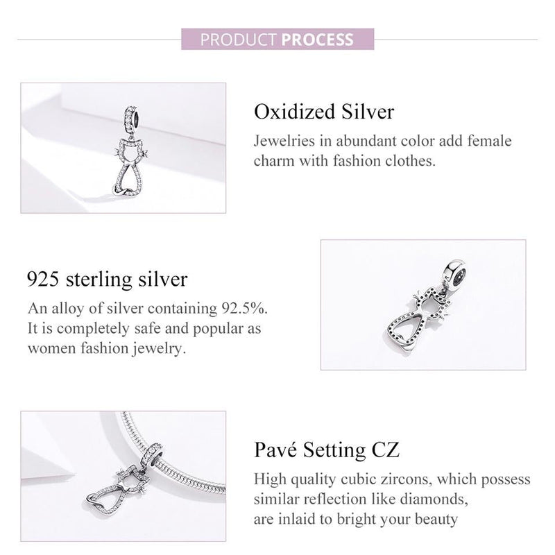 925 Sterling Silver Zircon Cat Pendant For Bracelet Diy Accessory