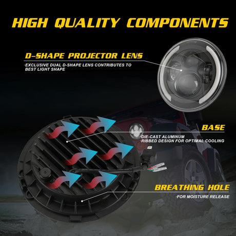 7 Inch H4 / H13 Dc 9V - 30V 3000Lm 3000K - 6000K 25W Car Round Shape Led Headlight Lamps For Jeep Wrangler With Angel Eye White Light