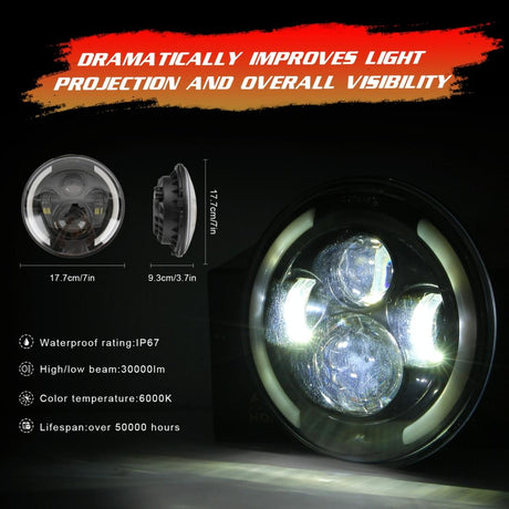7 Inch H4 / H13 Dc 9V - 30V 3000Lm 3000K - 6000K 25W Car Round Shape Led Headlight Lamps For Jeep Wrangler With Angel Eye White Light