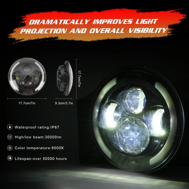 7 Inch H4 / H13 Dc 9V - 30V 3000Lm 3000K - 6000K 25W Car Round Shape Led Headlight Lamps For Jeep Wrangler With Angel Eye White Light