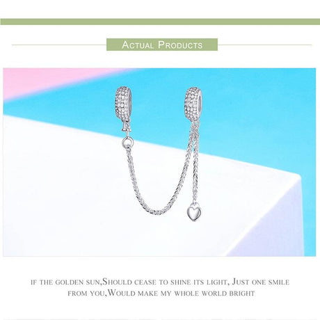 925 Sterling Silver Love Heart Safety Chain Charm For Bracelets