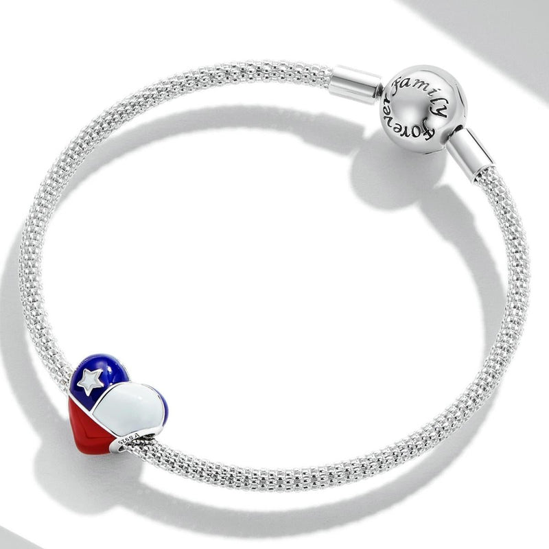 925 Sterling Silver Chilean Flag Heart Beads For Diy Bracelets & Necklaces