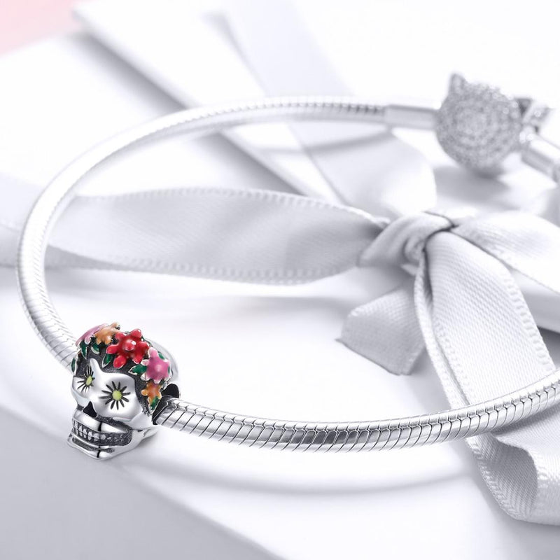 925 Sterling Silver Colorful Enamel Flower Skull Charms Bracelet