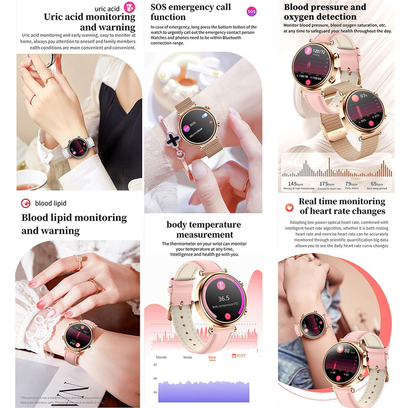 Women Smart Watch With Bt Call Health Tracking And Sos - Compact And Stylish - Rose Gold Pink Leather