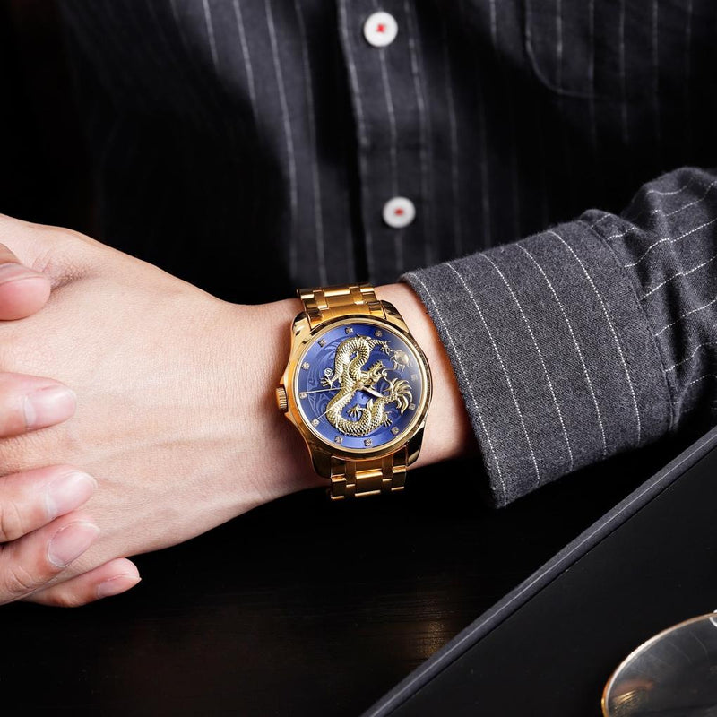 Men Golden Dragon Calendar Dial Quartz Watch with Luminous Hands - Silver Gold