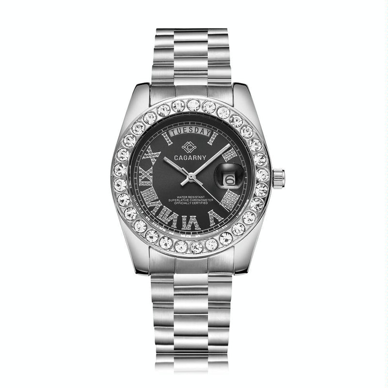 Men Quartz Watch With Diamond-Encrusted Roman Numeral Dial