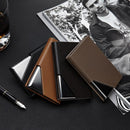 Stainless Steel Business Card Holder Men Leather Clamp - Black