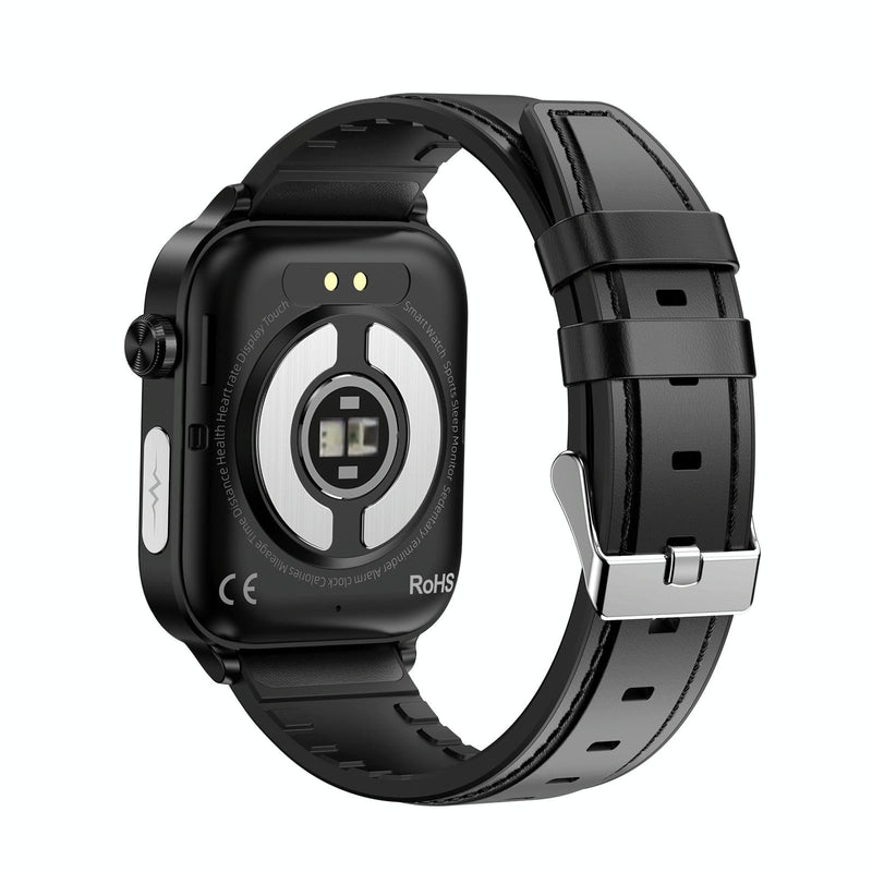 1.96 Inch Colour Screen Smart Watch Leather Strap Support Bluetooth Call / Ecg - Black