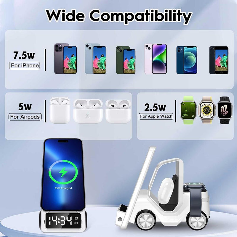 5 In 1 Car Desktop Alarm Clock With Wireless Charging - White