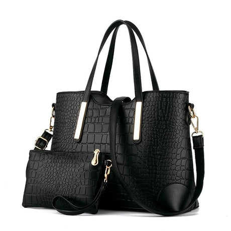 Vintage 2-In-1 Messenger Bag With Crocodile Pattern And Leather Wallet - Black
