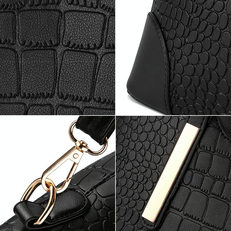 Vintage 2-In-1 Messenger Bag With Crocodile Pattern And Leather Wallet - Black