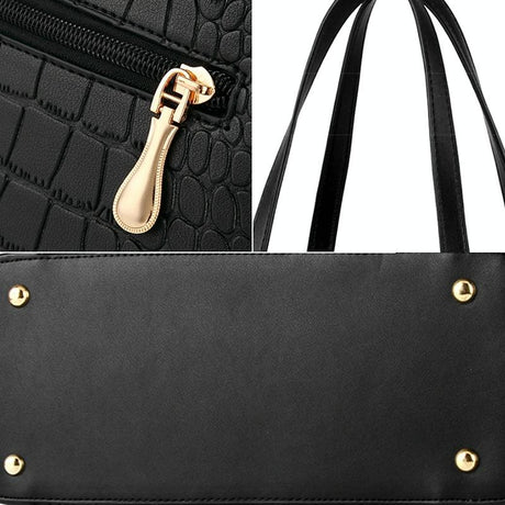 Vintage 2-In-1 Messenger Bag With Crocodile Pattern And Leather Wallet - Black