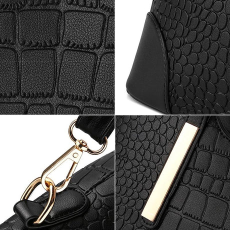 Vintage 2-In-1 Messenger Bag With Crocodile Pattern And Leather Wallet - Black
