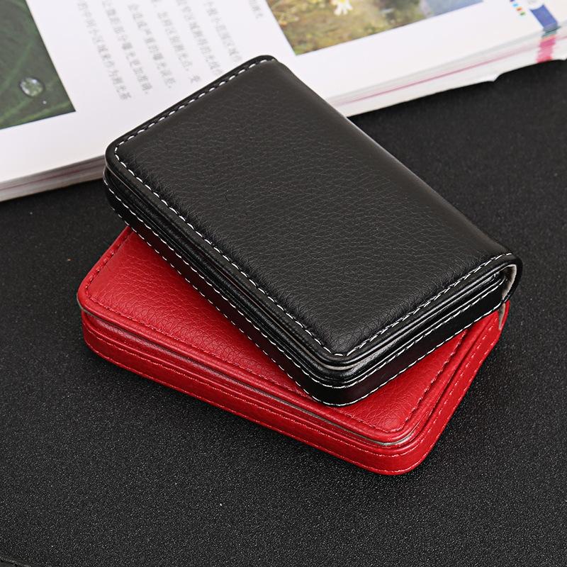 Stainless Steel Magnetic Business Card Holder Pu Leather Case - Red