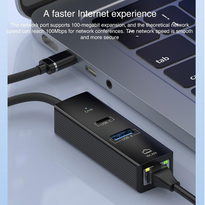 8 Pin To Type-C Rj45 Usb-A Hub Converter - Black