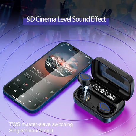 Mini Bluetooth Headset with Charging Bin and Digital Display - Black