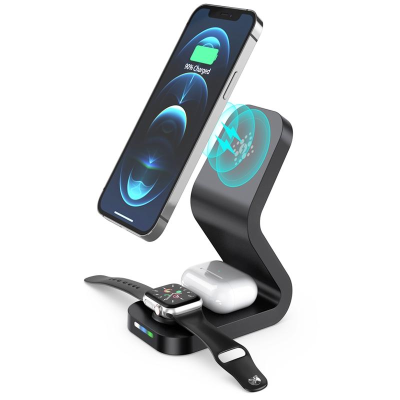 3 In 1 Magnetic Wireless Charger For Mobile Devices Black