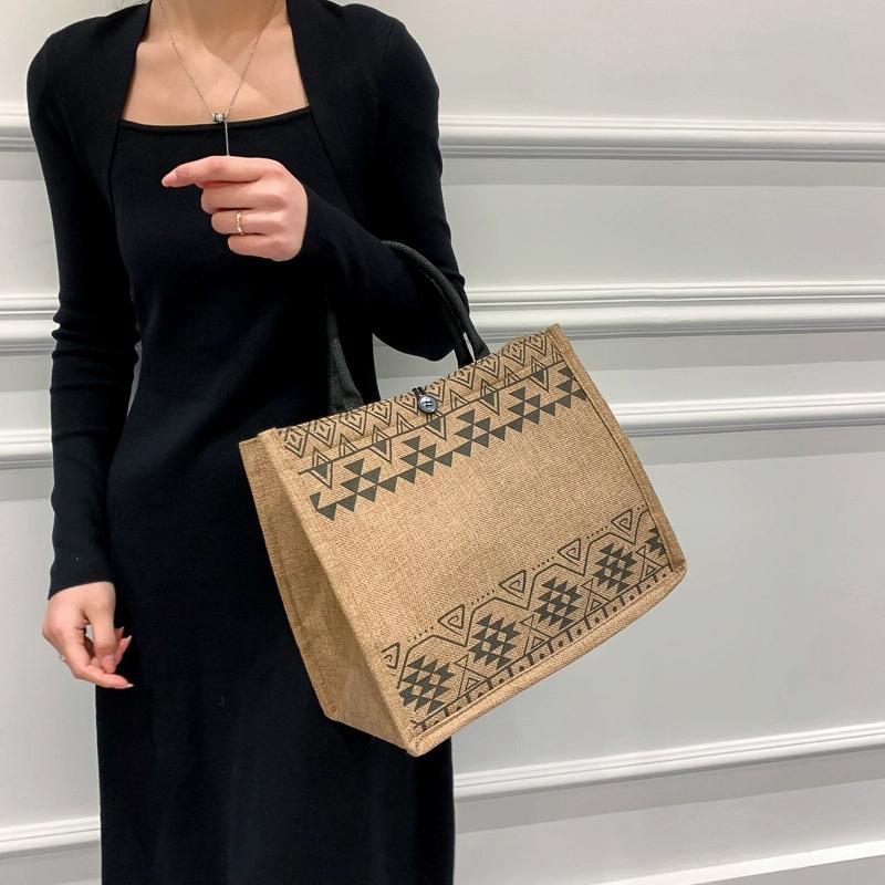 Simple Linen Tote Bag With Large Capacity - Style Print - Triangle