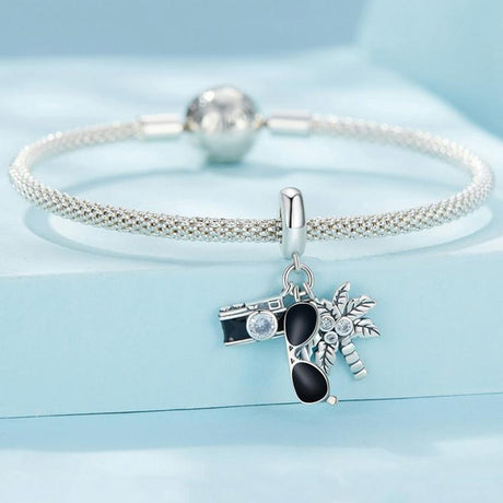 925 Sterling Silver Coconut Tree Camera Pendant Bracelet