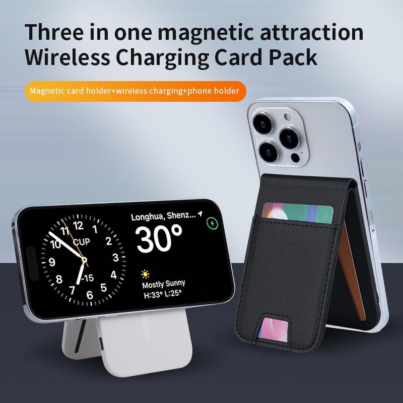 3 In 1 Magnetic Wireless Charger With Card Holder And Phone Bracket - Black