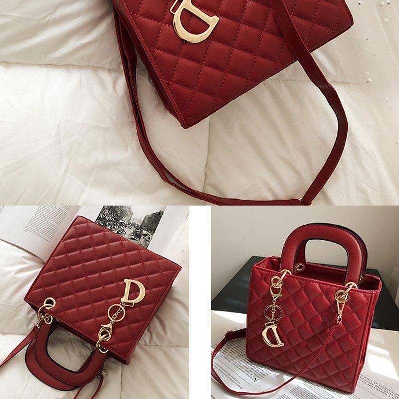 Leather Crossbody Bag With Rhombus Pattern For Women - Red