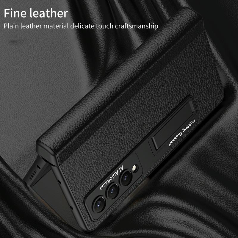 Leather Phone Case with Foldable Hinge and Holder - Black