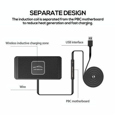 15w Car Wireless Charger with Anti-skid Mats and 1m Usb Cable - Black