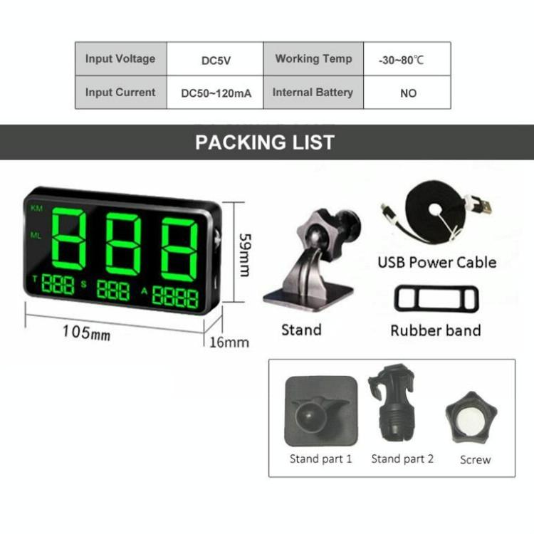 4.5 Inch Hud Car Gps Speed Meter With Overspeed Alarm Mileage Altitude Clock Black