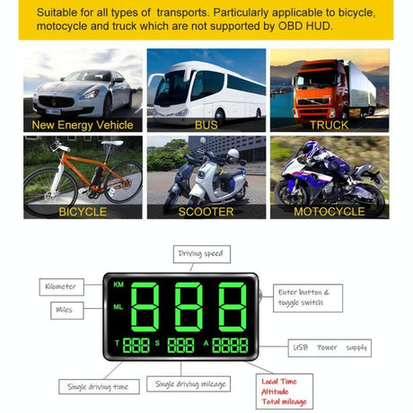 4.5 Inch Hud Car Gps Speed Meter With Overspeed Alarm Mileage Altitude Clock Black