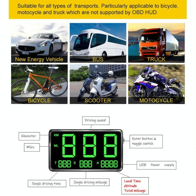 4.5 Inch Hud Car Gps Speed Meter With Overspeed Alarm Mileage Altitude Clock Black