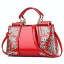 Shiny Leather Handbag With Single-Sided Embroidery - Red