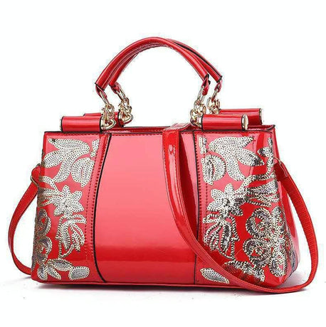Shiny Leather Handbag With Single-Sided Embroidery - Red