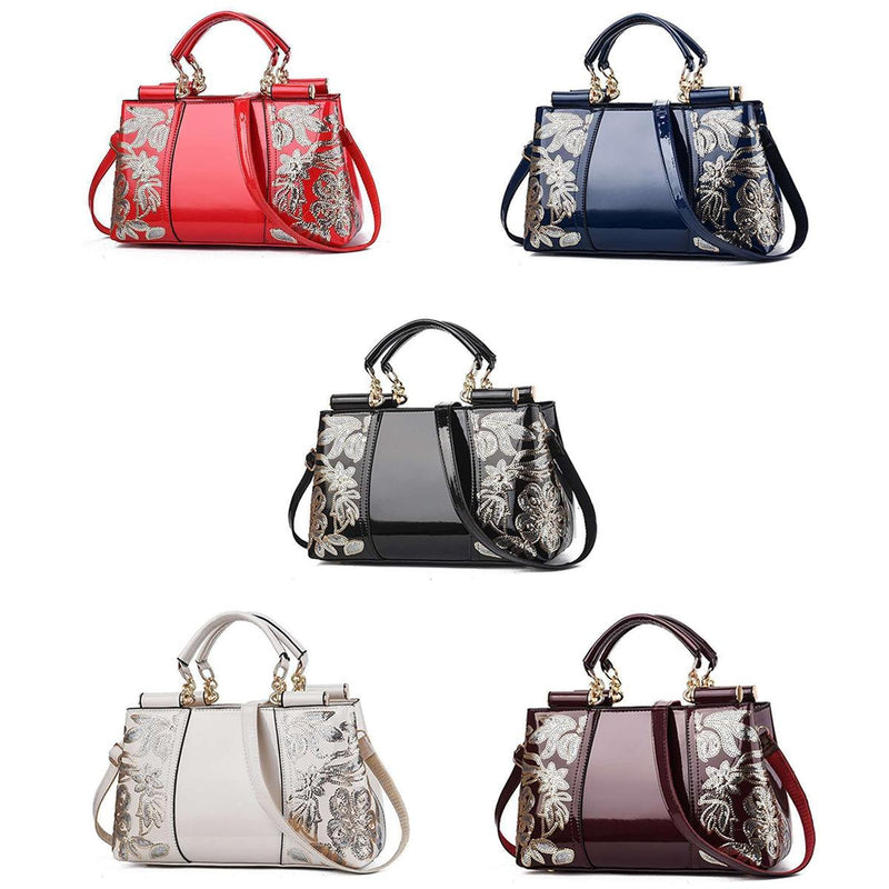 Shiny Leather Handbag With Single-Sided Embroidery - Red