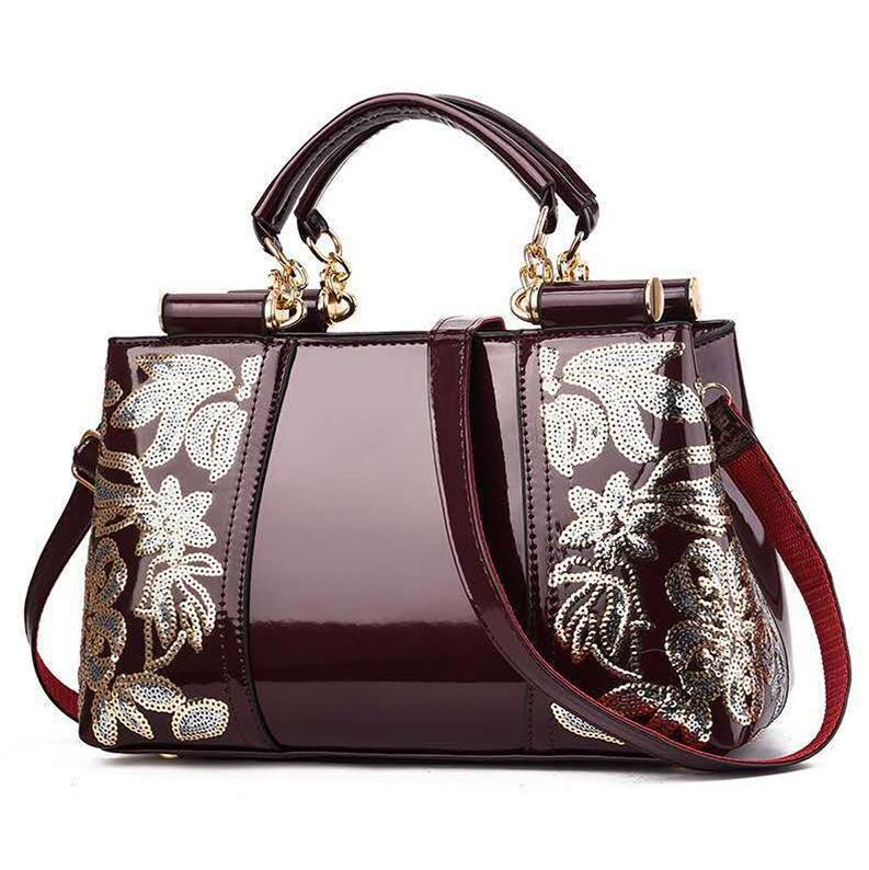 Shiny Leather Handbag With Single-Sided Embroidery - Red