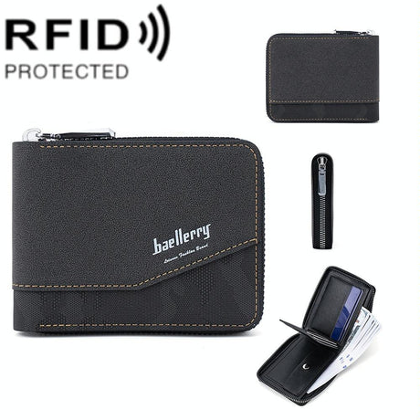 Retro Rfid Blocking Zip Wallet with Short Coin Pocket - Black