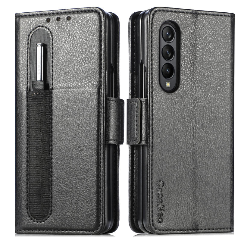 For Samsung Galaxy Z Fold4 5G Litchi Pattern Case With Pen And Card Slots - 4 - Black