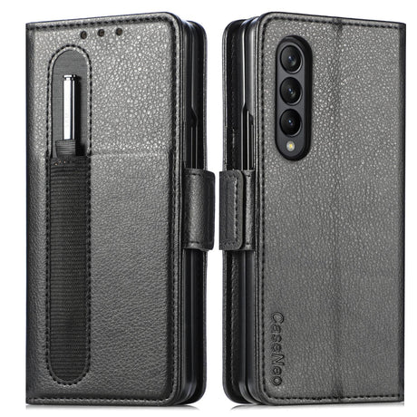 For Samsung Galaxy Z Fold4 5G Litchi Pattern Case With Pen And Card Slots - 4 - Black