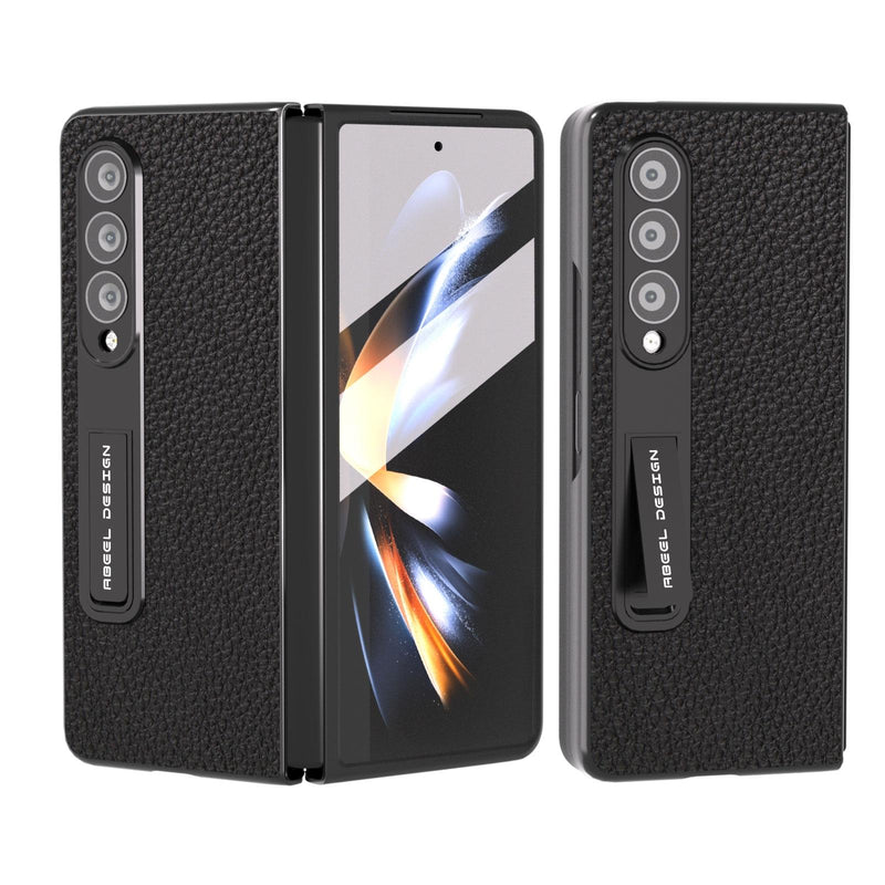 For Samsung Galaxy Z Fold4 5G Leather Phone Case With Holder - Litchi Texture - Black
