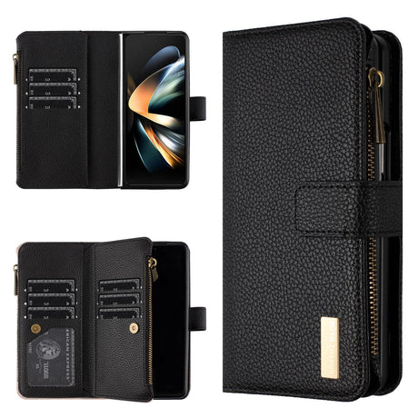 For Samsung Galaxy Z Fold4 5G Litchi Texture Zip Wallet - Black