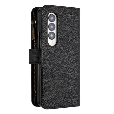 For Samsung Galaxy Z Fold4 5G Litchi Texture Zip Wallet - Black